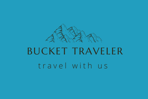  pencil drawing of mountians with text of bucket traveler and slogan of travel with us